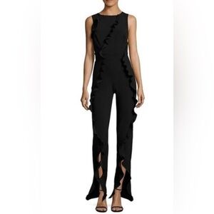 Saloni Mara ruffle jumpsuit medium black crew neck wide leg slit leg sleeveless